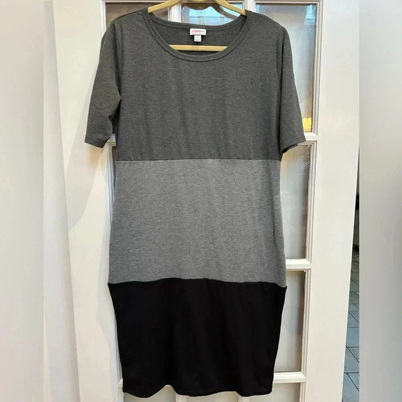 LuLaRoe Grey & Black Color Block Julia Fitted Midi Dress Women’s Size Large L - Picture 8 of 8